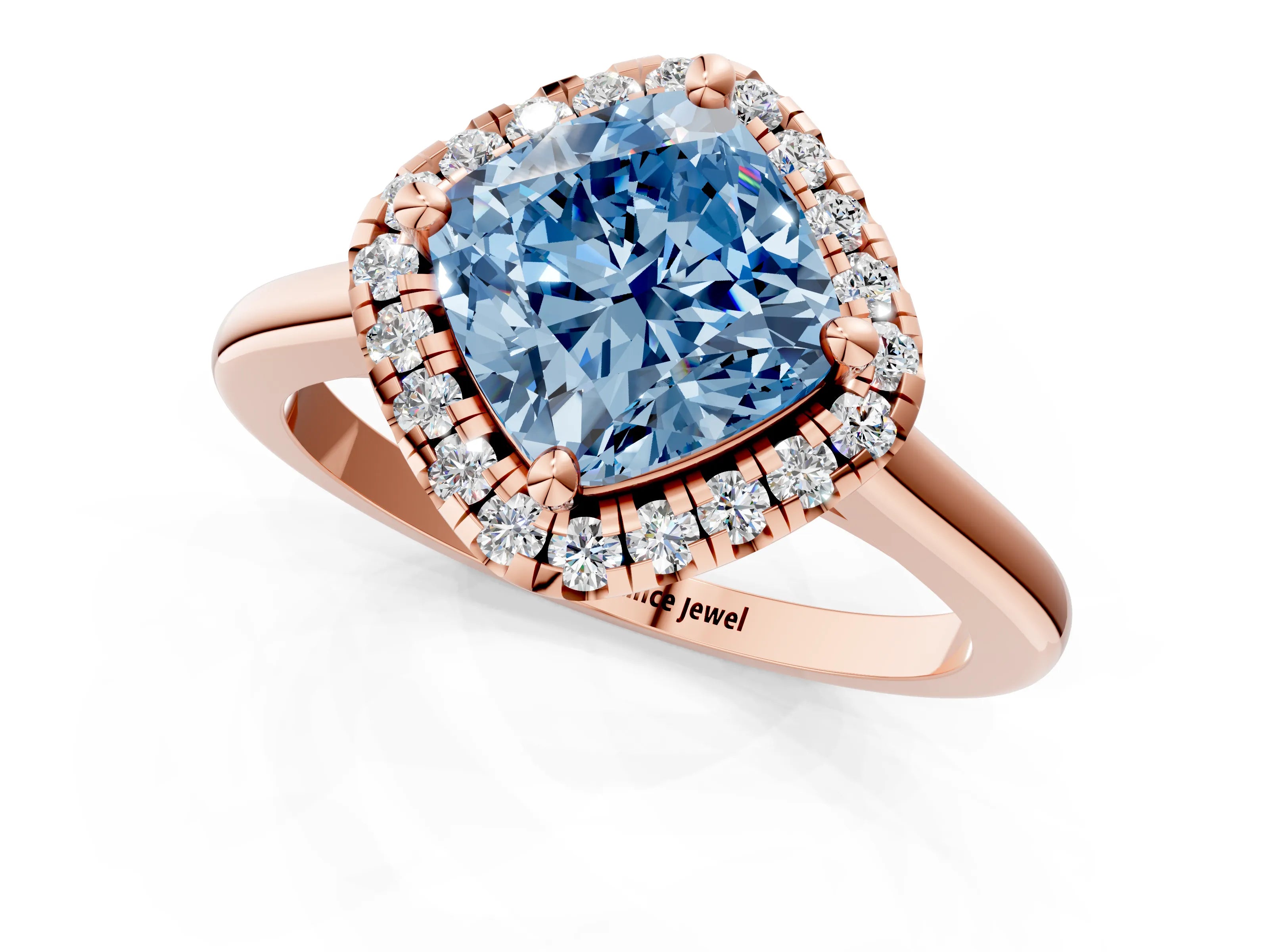 Rose gold Fancy Blue Cushion Cut Halo Round Diamond Solitaire Engagement Ring with Pave Band and Four-Prong Setting_13