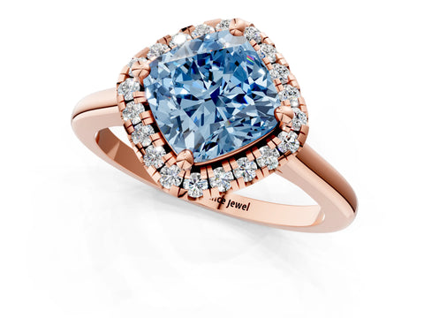 Rose gold Fancy Blue Cushion Cut Halo Round Diamond Solitaire Engagement Ring with Pave Band and Four-Prong Setting_13
