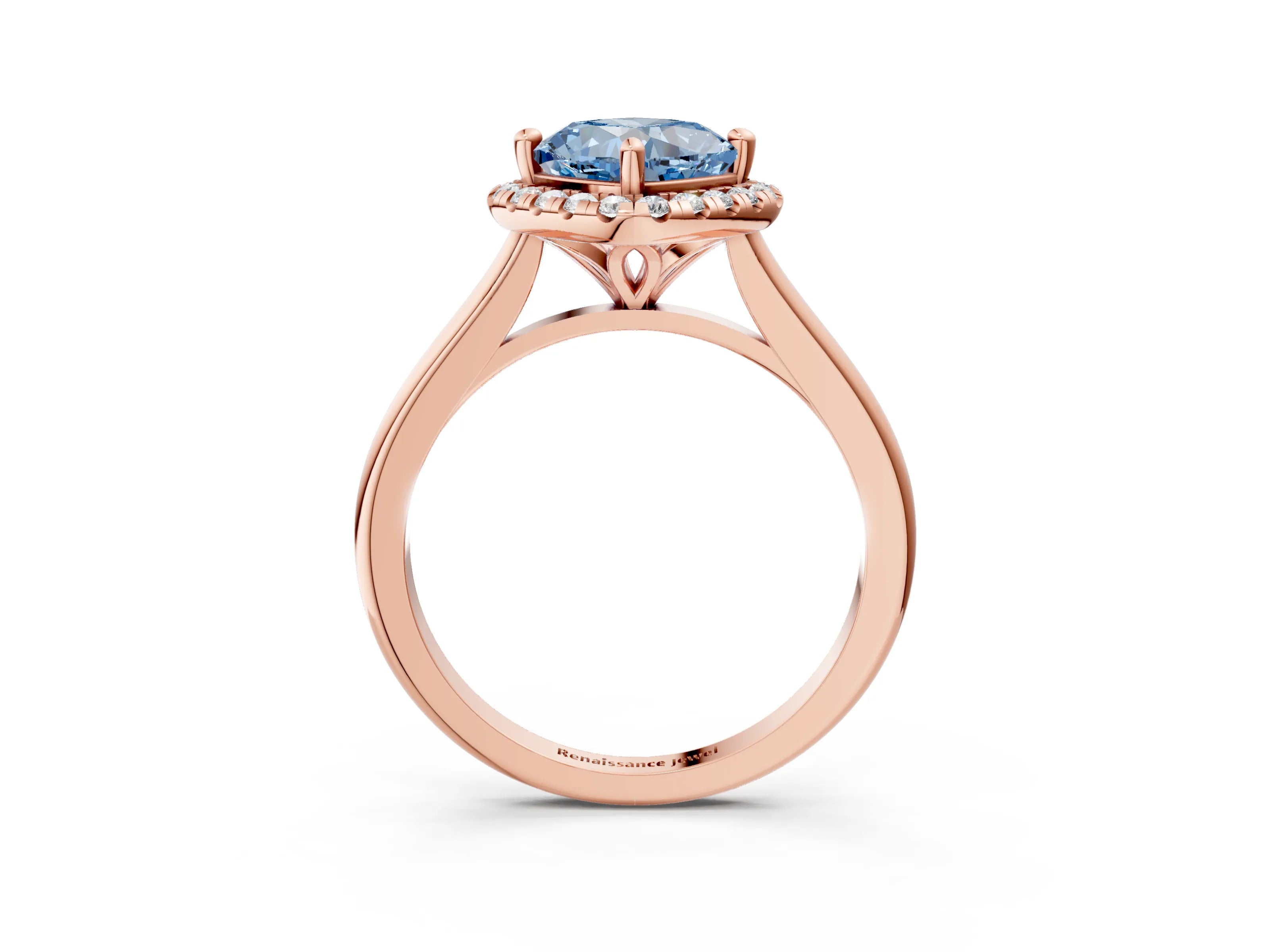 Rose gold Fancy Blue Cushion Cut Halo Round Diamond Solitaire Engagement Ring with Pave Band and Four-Prong Setting_15