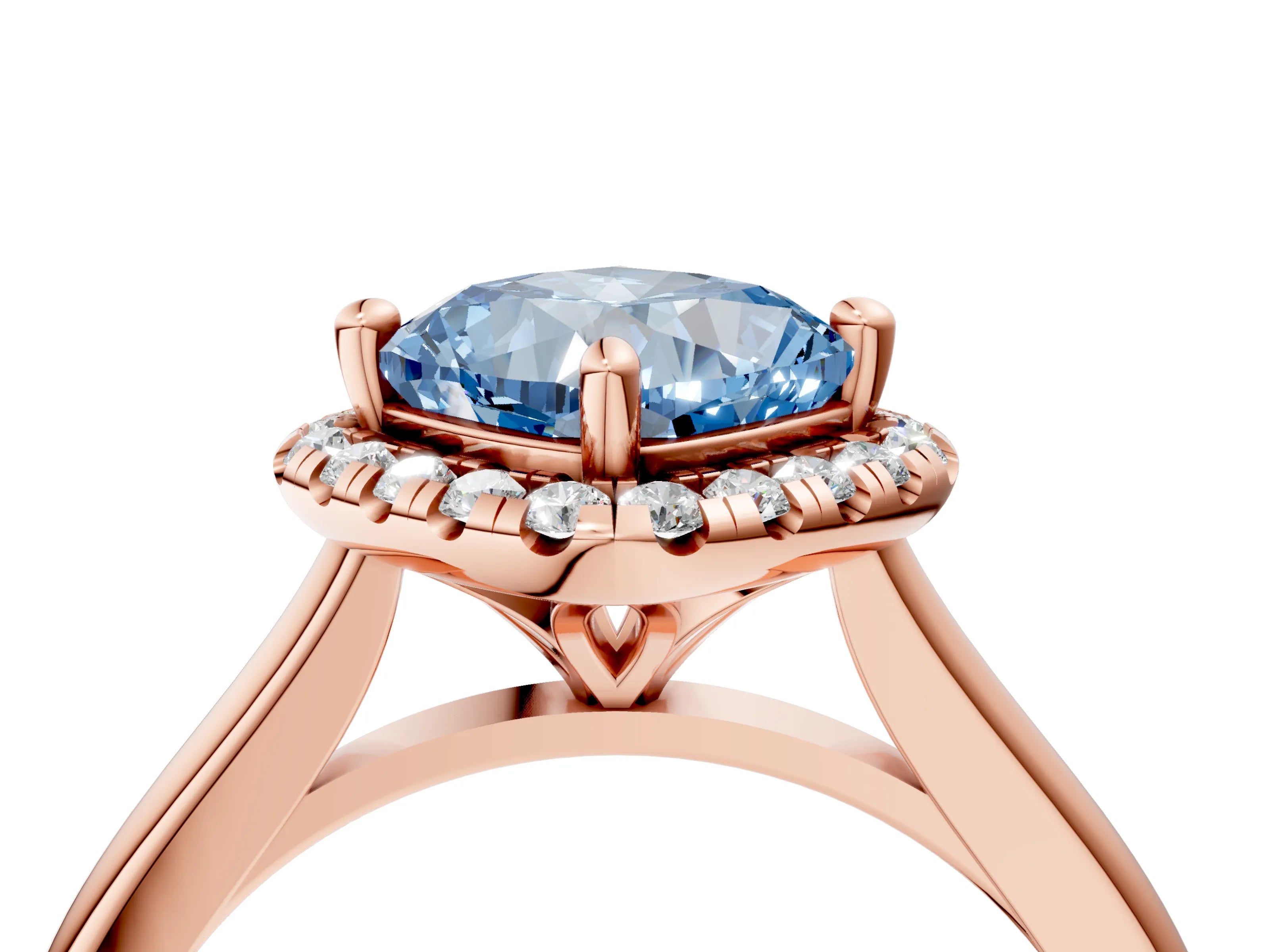 Rose gold Fancy Blue Cushion Cut Halo Round Diamond Solitaire Engagement Ring with Pave Band and Four-Prong Setting_16