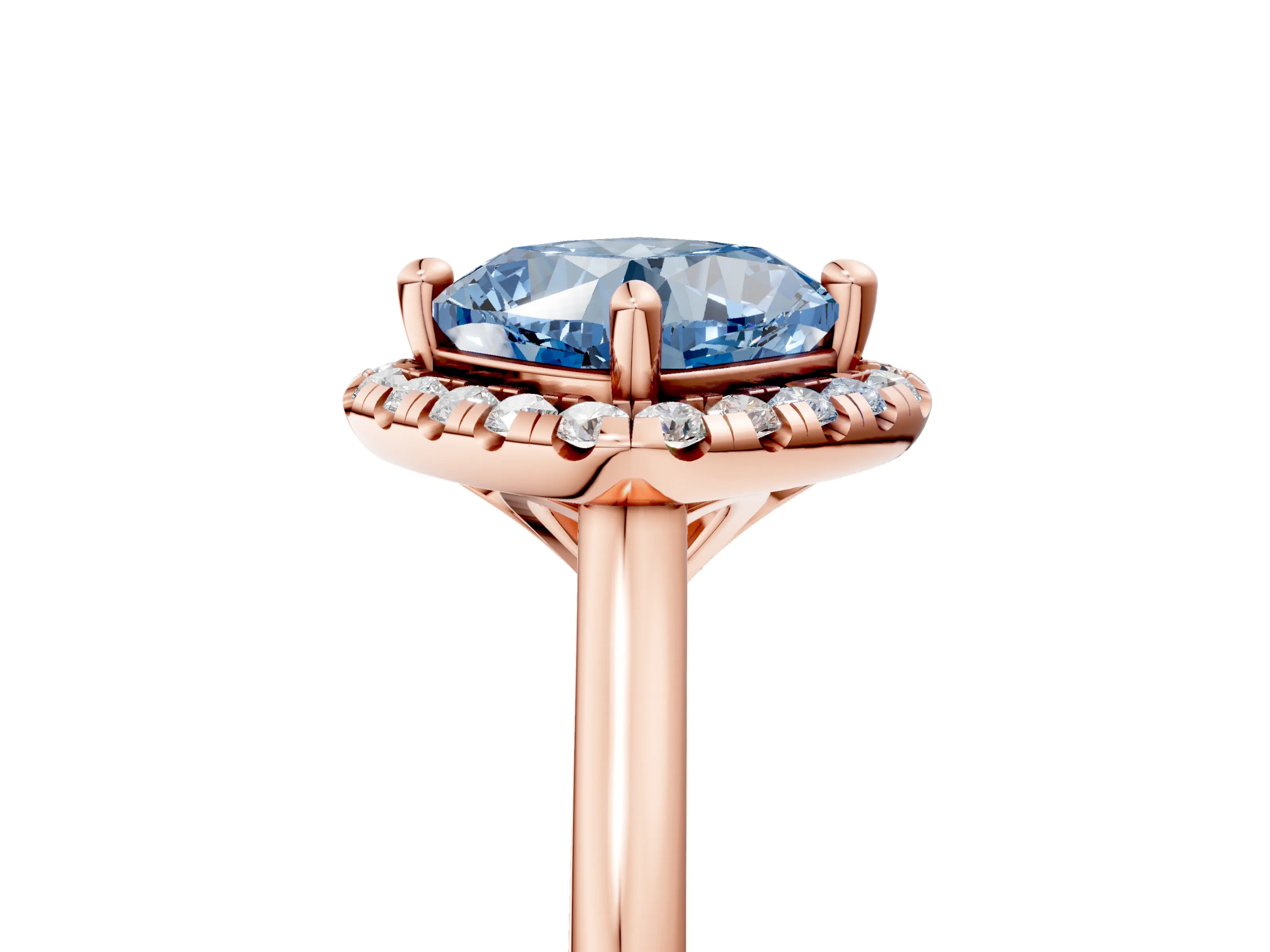 Rose gold Fancy Blue Cushion Cut Halo Round Diamond Solitaire Engagement Ring with Pave Band and Four-Prong Setting_17
