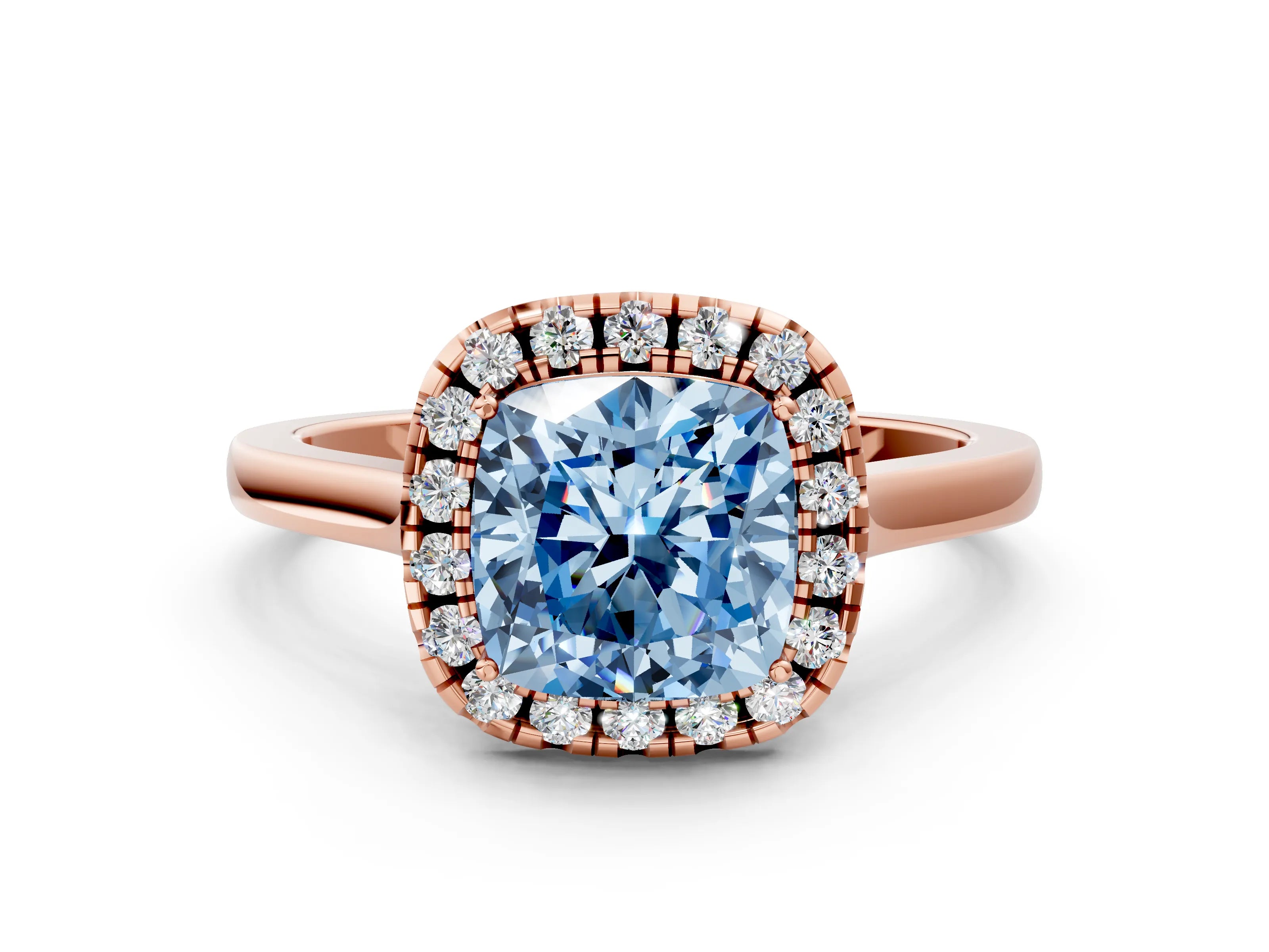 Rose gold Fancy Blue Cushion Cut Halo Round Diamond Solitaire Ring with Pavé Band and Four-Prong Setting_12
