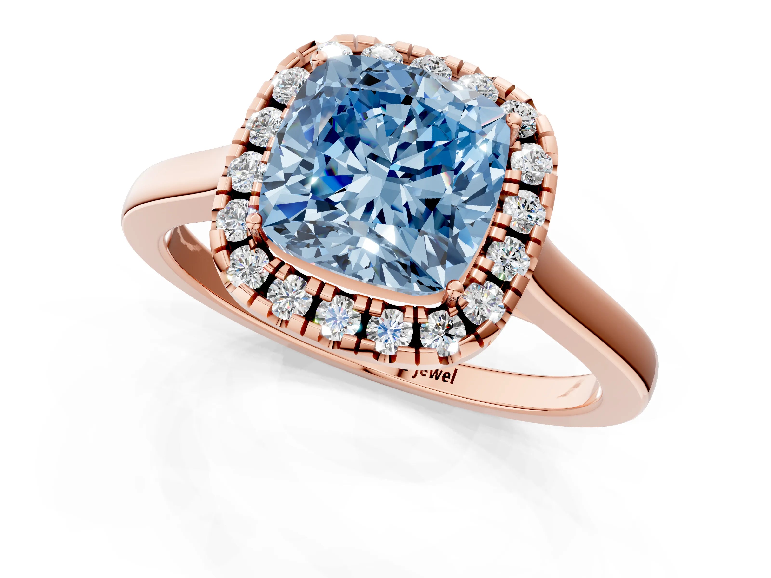 Rose gold Fancy Blue Cushion Cut Halo Round Diamond Solitaire Ring with Pavé Band and Four-Prong Setting_13