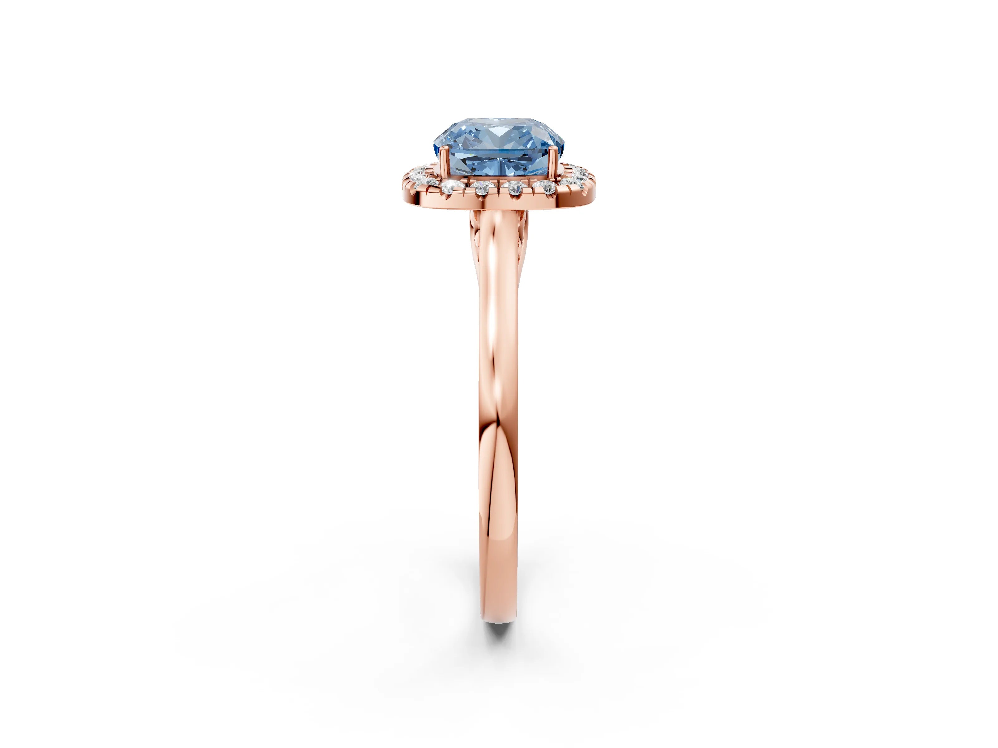 Rose gold Fancy Blue Cushion Cut Halo Round Diamond Solitaire Ring with Pavé Band and Four-Prong Setting_14