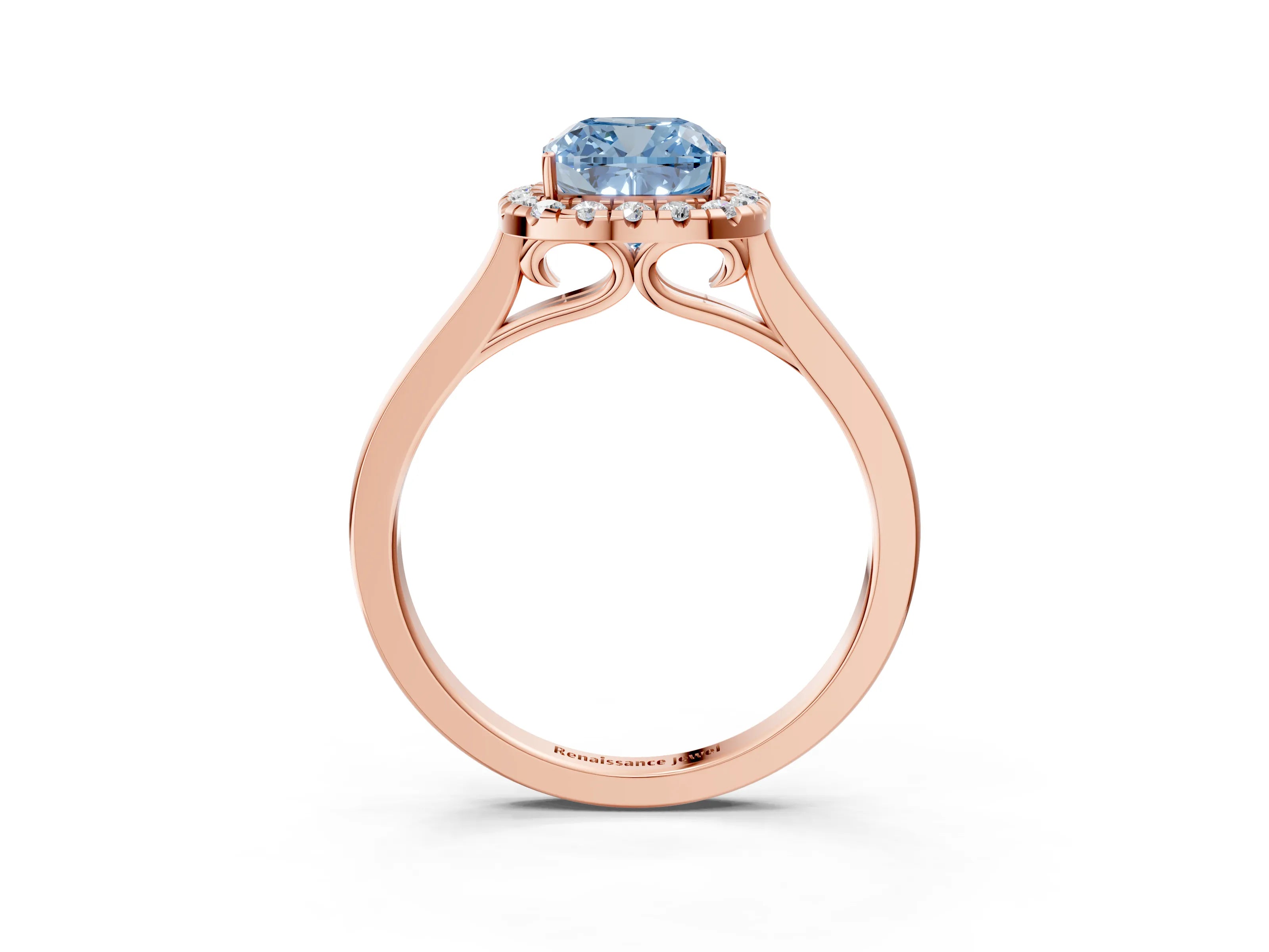 Rose gold Fancy Blue Cushion Cut Halo Round Diamond Solitaire Ring with Pavé Band and Four-Prong Setting_15