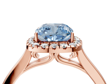 Rose gold Fancy Blue Cushion Cut Halo Round Diamond Solitaire Ring with Pavé Band and Four-Prong Setting_16