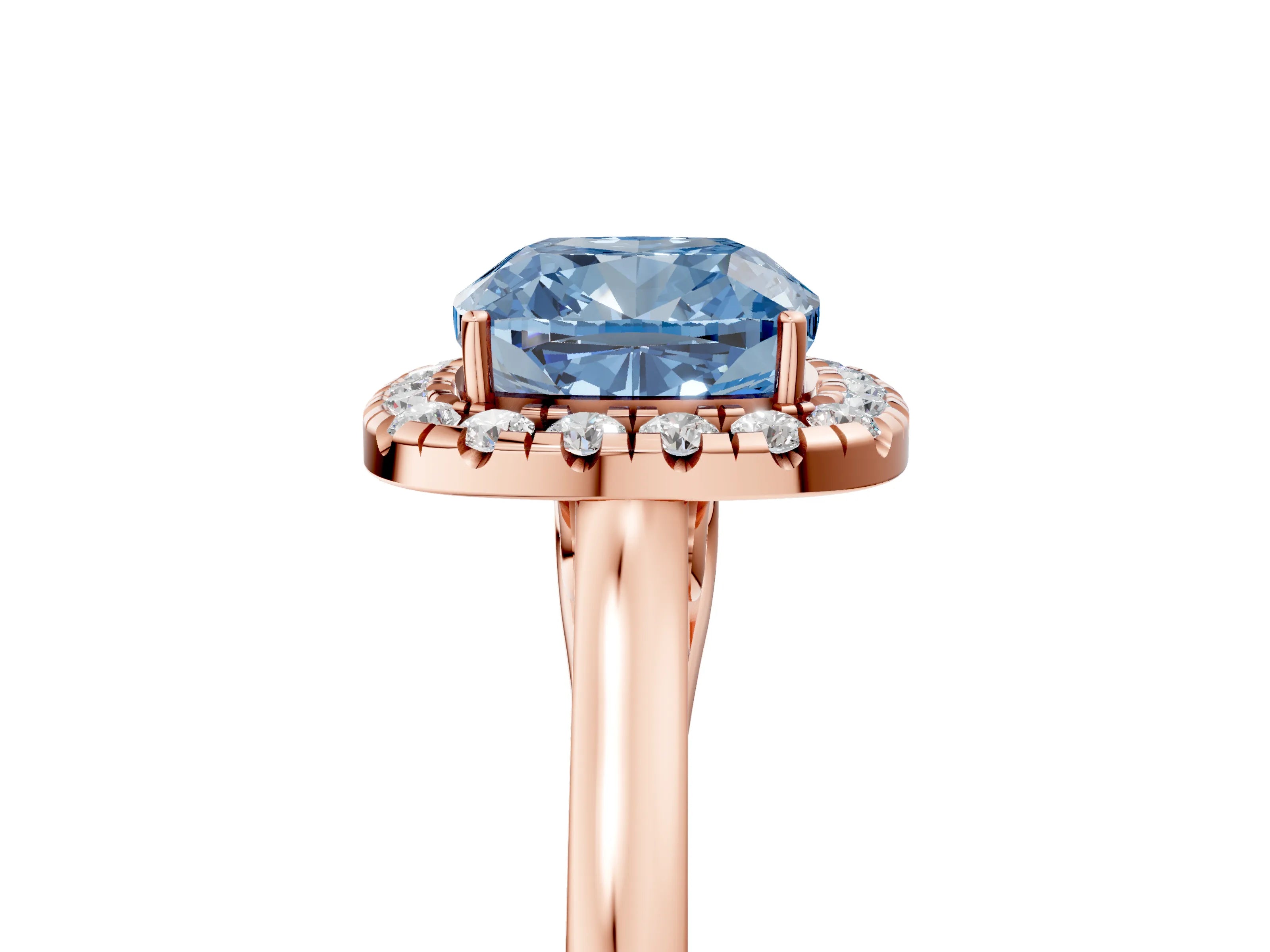 Rose gold Fancy Blue Cushion Cut Halo Round Diamond Solitaire Ring with Pavé Band and Four-Prong Setting_17