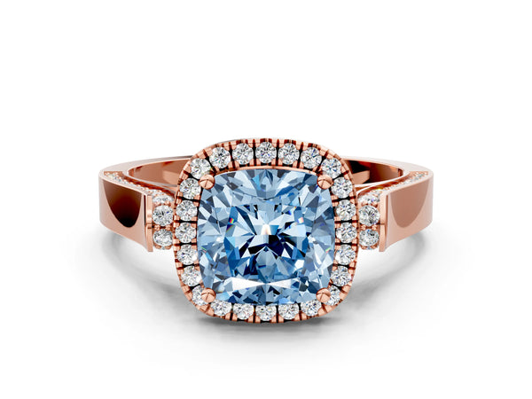 Rose gold Fancy Blue Cushion Cut Halo Round Diamond Twist Band with Four-Prong Setting