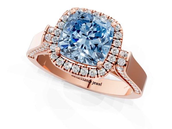 Rose gold Fancy Blue Cushion Cut Halo Round Diamond Twist Band with Four-Prong Setting