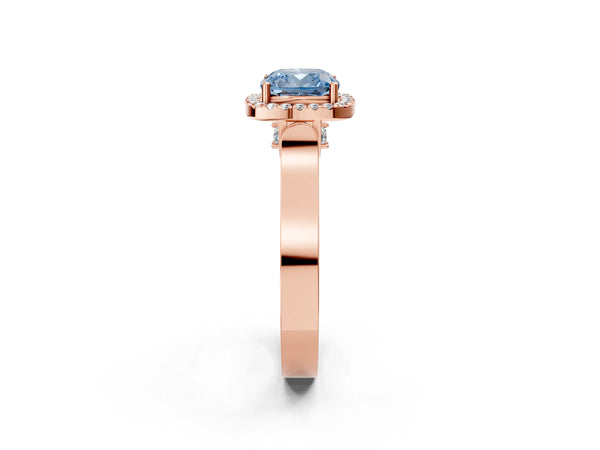 Rose gold Fancy Blue Cushion Cut Halo Round Diamond Twist Band with Four-Prong Setting