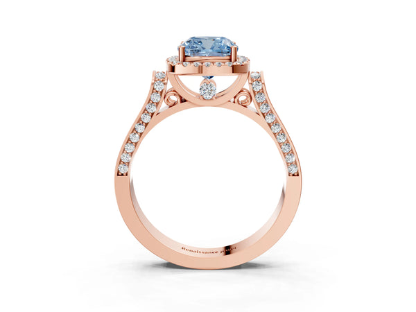 Rose gold Fancy Blue Cushion Cut Halo Round Diamond Twist Band with Four-Prong Setting