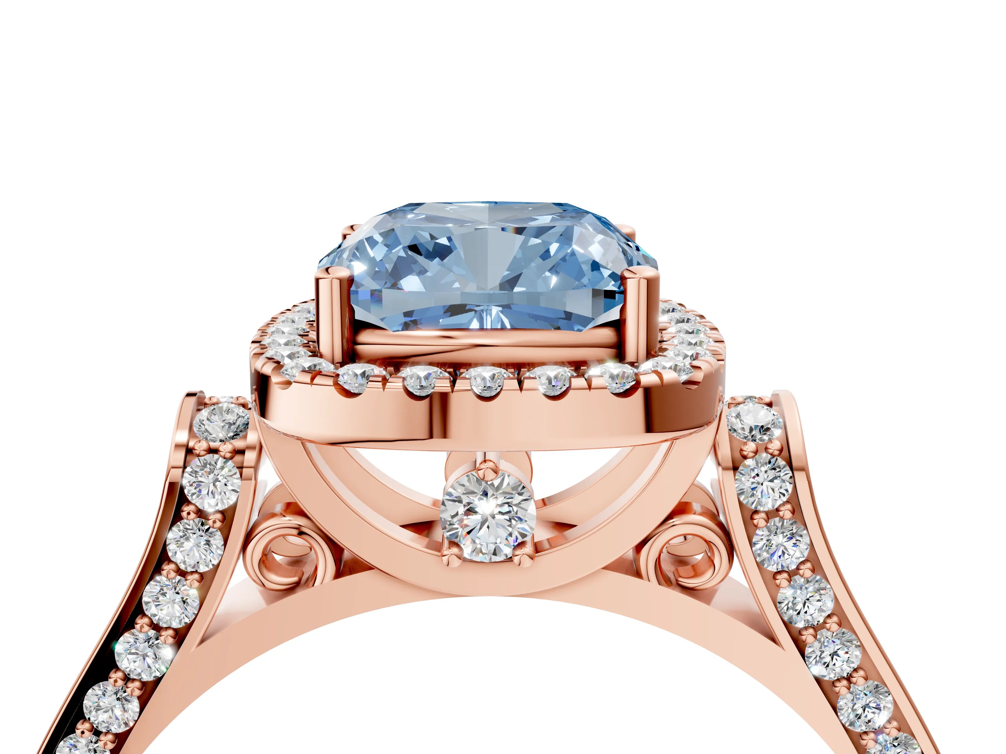 Rose gold Fancy Blue Cushion Cut Halo Round Diamond Twist Band with Four-Prong Setting_4
