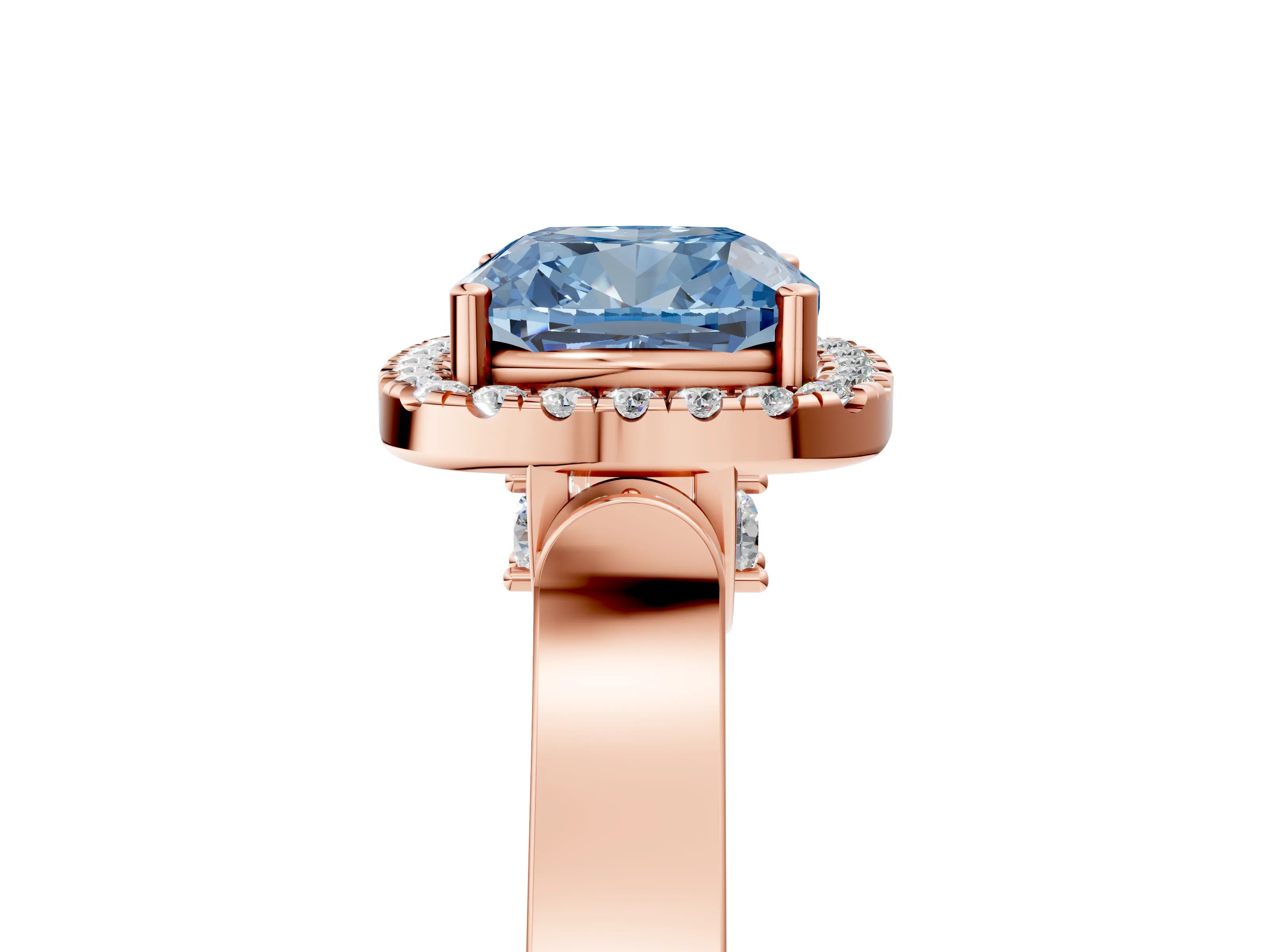 Rose gold Fancy Blue Cushion Cut Halo Round Diamond Twist Band with Four-Prong Setting_5