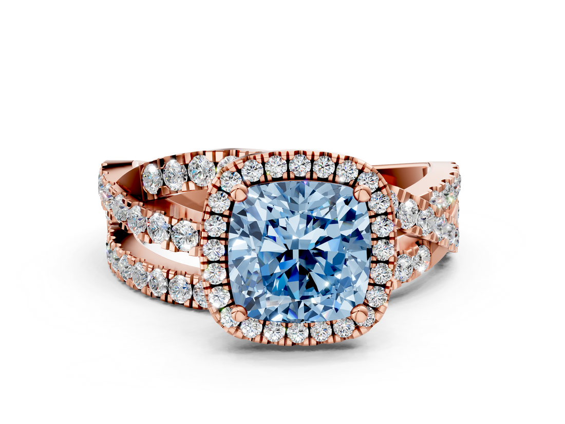 Rose gold Fancy Blue Cushion  Cut Halo Split Shank Prong Setting Ring_61