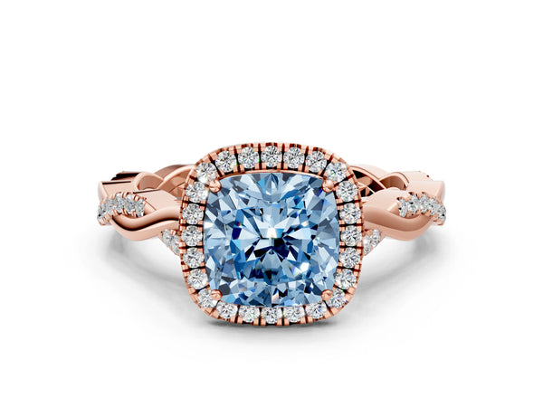 Rose gold Fancy Blue Cushion Cut Halo Twist Band with Four-Prong Setting
