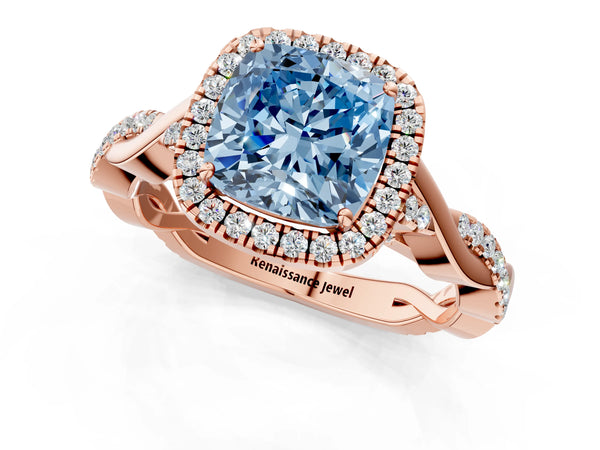 Rose gold Fancy Blue Cushion Cut Halo Twist Band with Four-Prong Setting