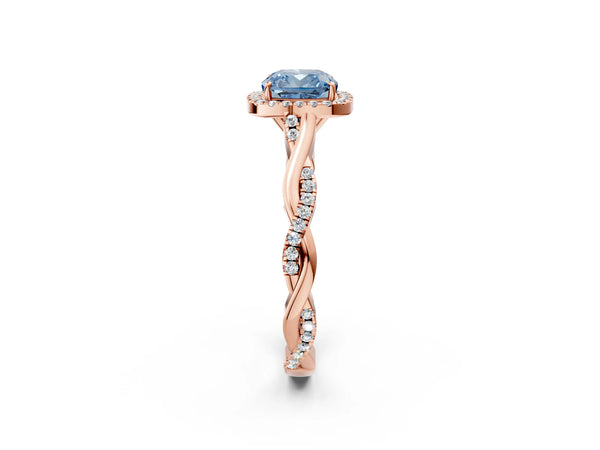 Rose gold Fancy Blue Cushion Cut Halo Twist Band with Four-Prong Setting