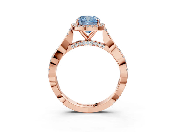 Rose gold Fancy Blue Cushion Cut Halo Twist Band with Four-Prong Setting