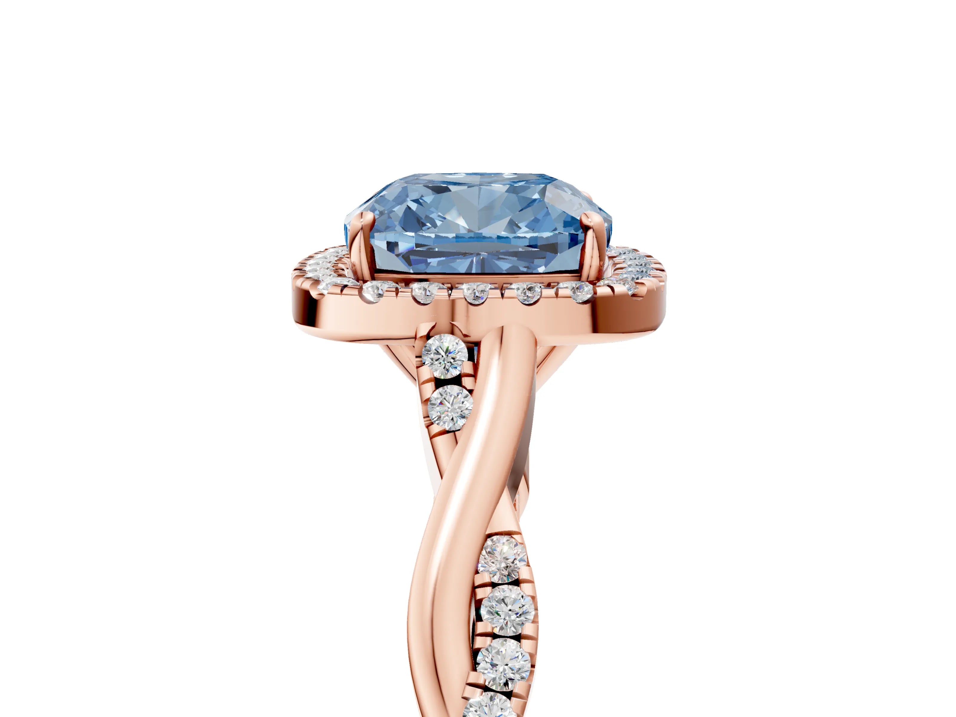Rose gold Fancy Blue Cushion Cut Halo Twist Band with Four-Prong Setting_5