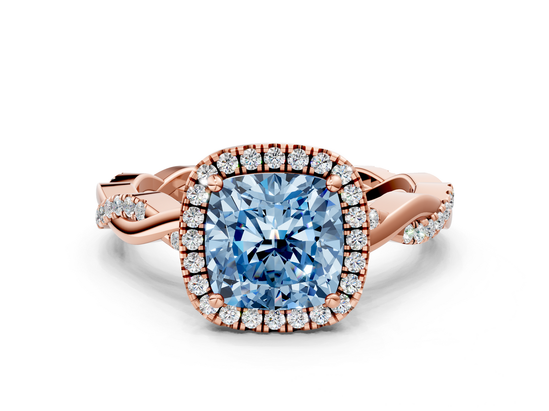 Rose gold Fancy Blue Cushion  Cut Halo Twisted Band Four-Prong Ring_20