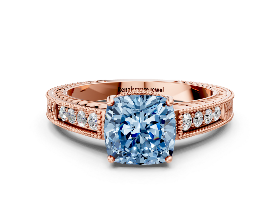 Rose gold Fancy Blue Cushion  Cut Milgrain Channel Set Engagement Ring with Solitaire Prong Setting_62