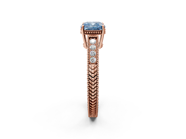 Rose gold Fancy Blue Cushion Cut Diamond Engagement Ring with Milgrain Channel Set Band and Prong Setting