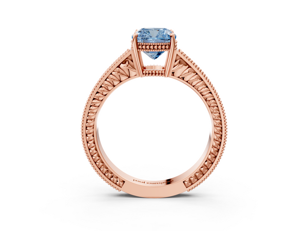 Rose gold Fancy Blue Cushion Cut Diamond Engagement Ring with Milgrain Channel Set Band and Prong Setting