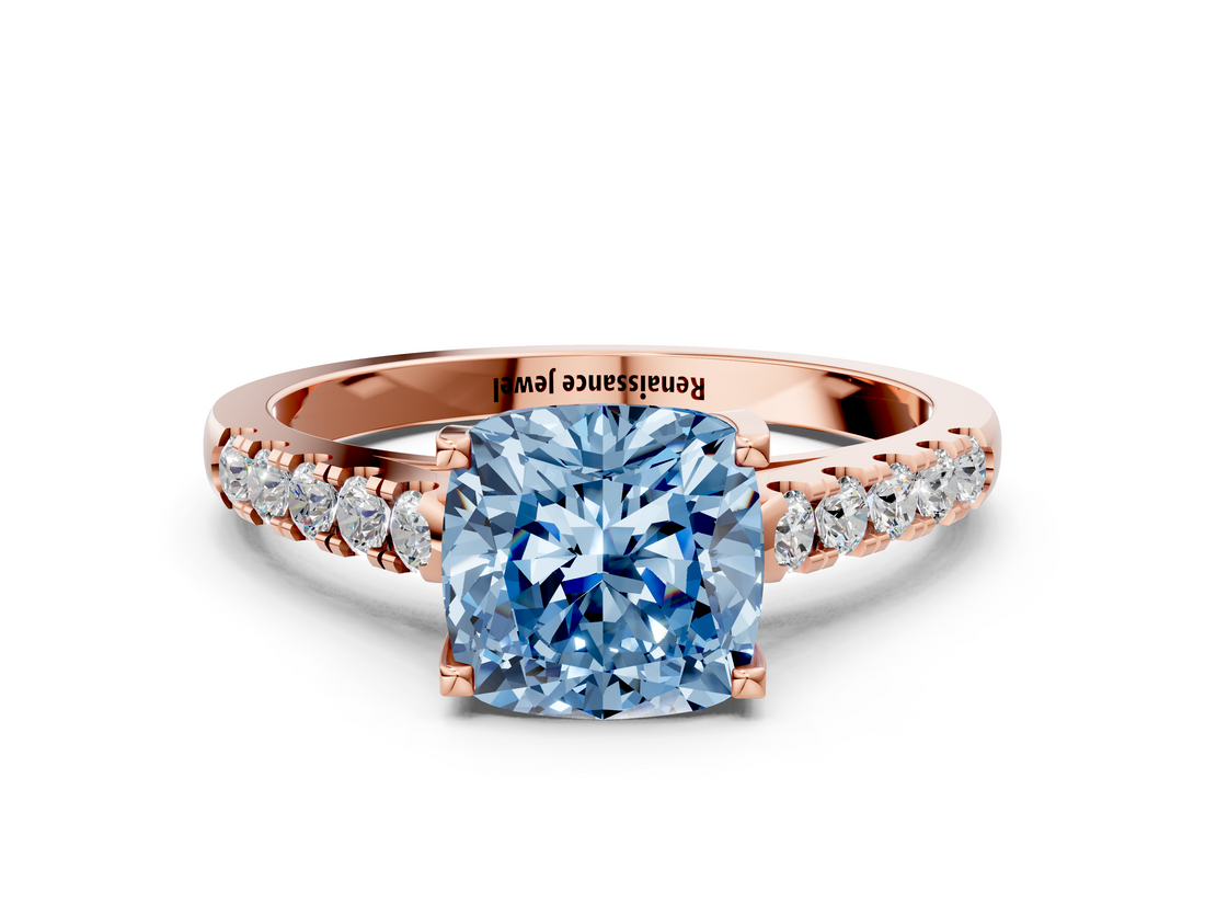 Rose gold Fancy Blue Cushion  Cut Pavé Band Solitaire Ring with Four-Prong Setting_35