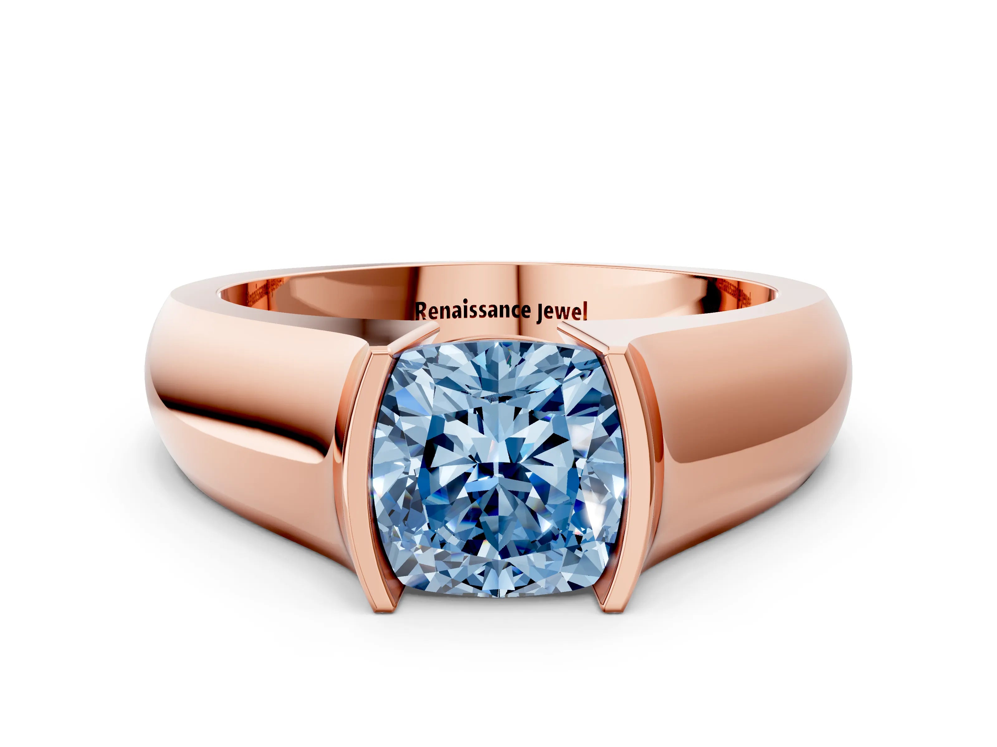 Rose gold Fancy Blue Cushion Cut Solitaire Bezel Set Diamond Ring with Wide Band