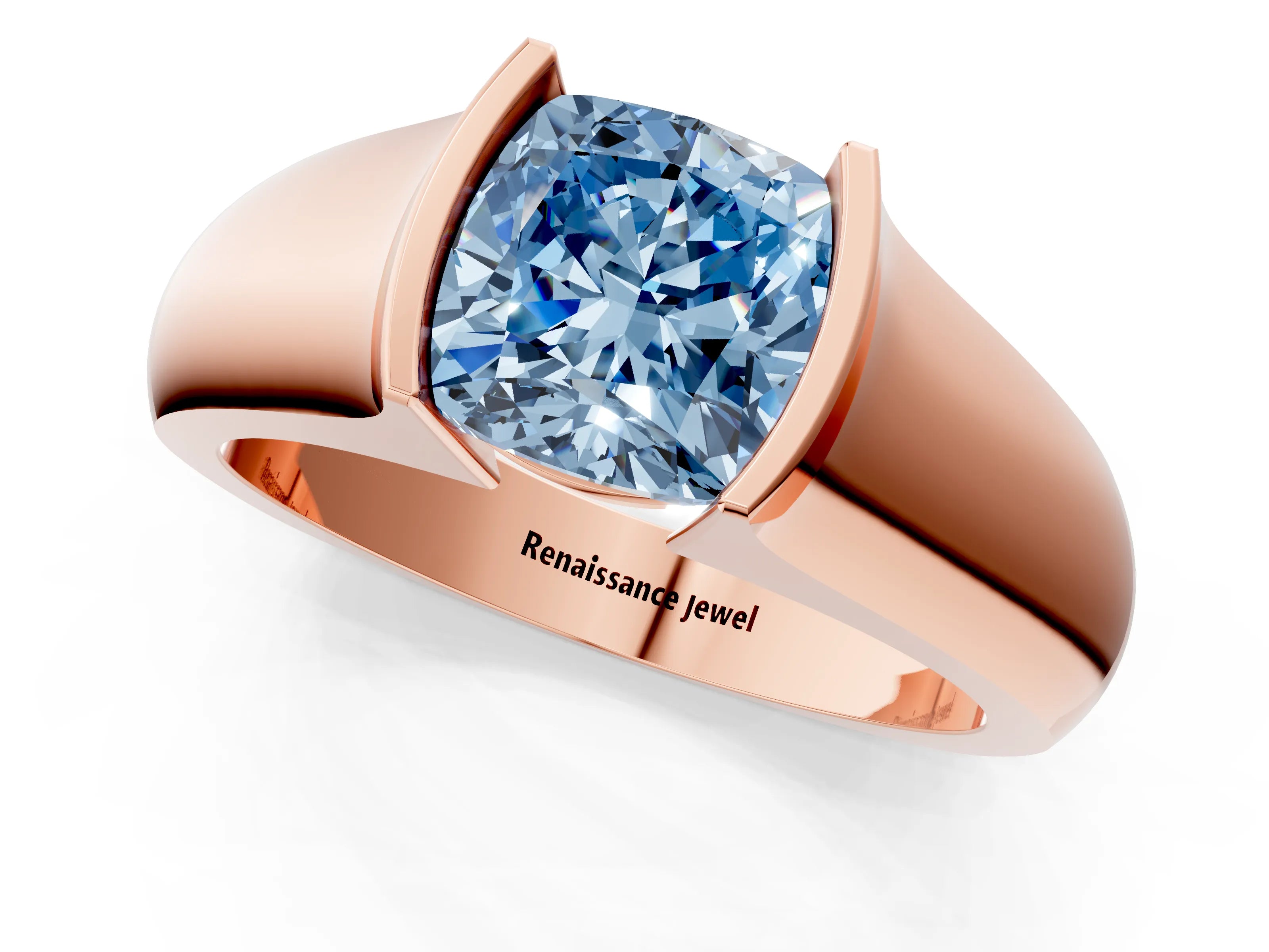 Rose gold Fancy Blue Cushion Cut Solitaire Bezel Set Diamond Ring with Wide Band_1