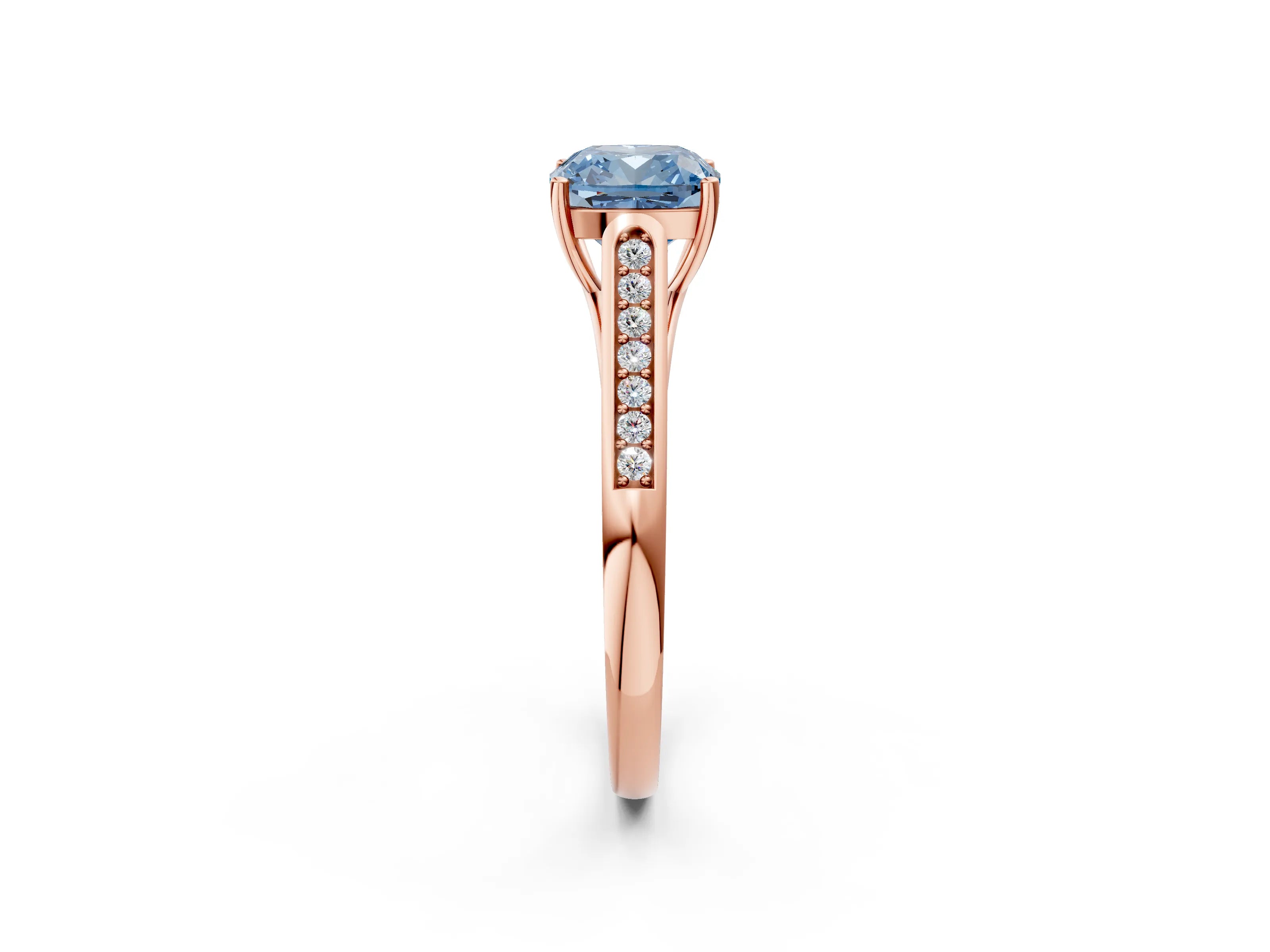 Rose gold Fancy Blue Cushion Cut Solitaire Cathedral Diamond Engagement Ring with Channel-Set Band and Four-Prong Setting_5