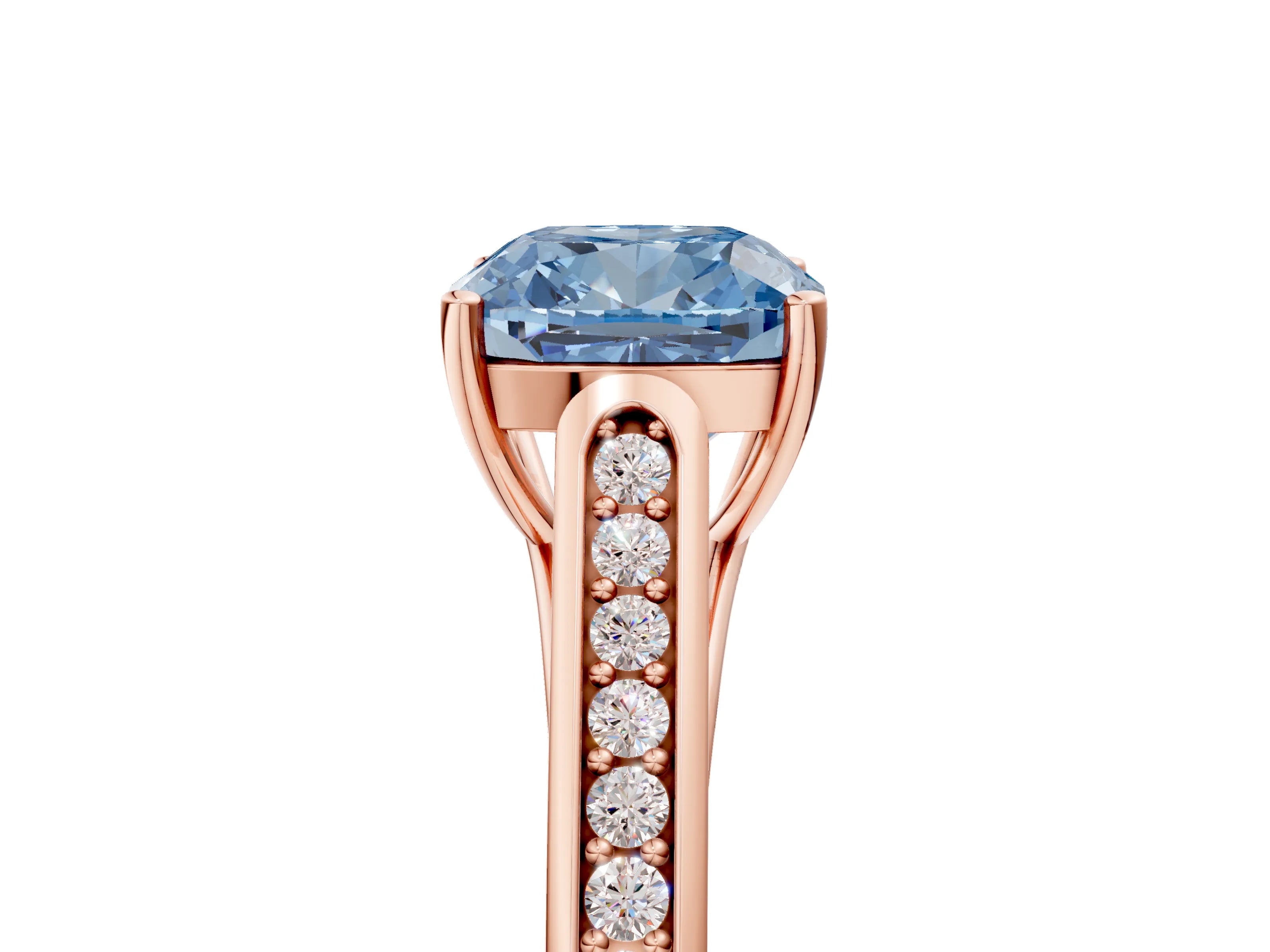 Rose gold Fancy Blue Cushion Cut Solitaire Cathedral Diamond Engagement Ring with Channel-Set Band and Four-Prong Setting_8