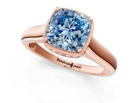 Rose gold Fancy Blue Cushion Cut Solitaire Diamond Engagement Ring with Four-Prong Setting and Tapered Band_1
