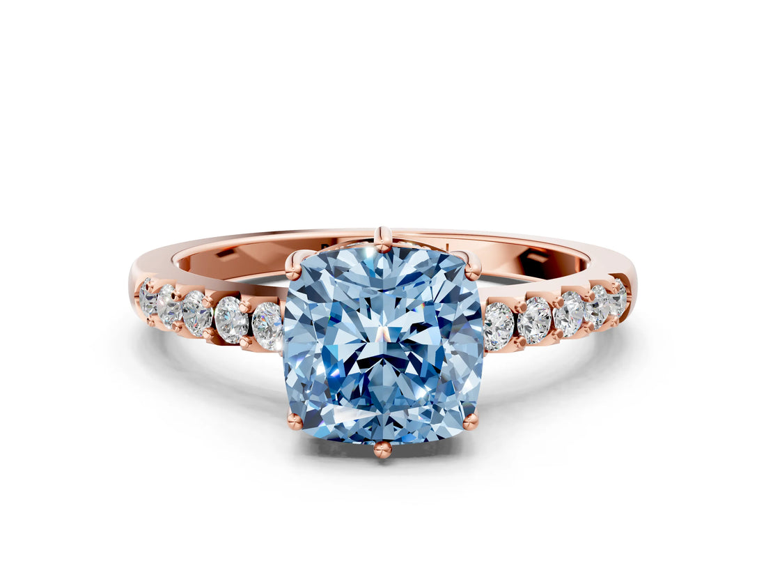 Rose gold Fancy Blue Cushion Cut Solitaire Diamond Engagement Ring with Pavé Band and Six-Prong Setting_12