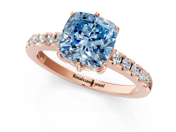 Rose gold Fancy Blue Cushion Cut Solitaire Diamond Engagement Ring with Pavé Band and Six-Prong Setting