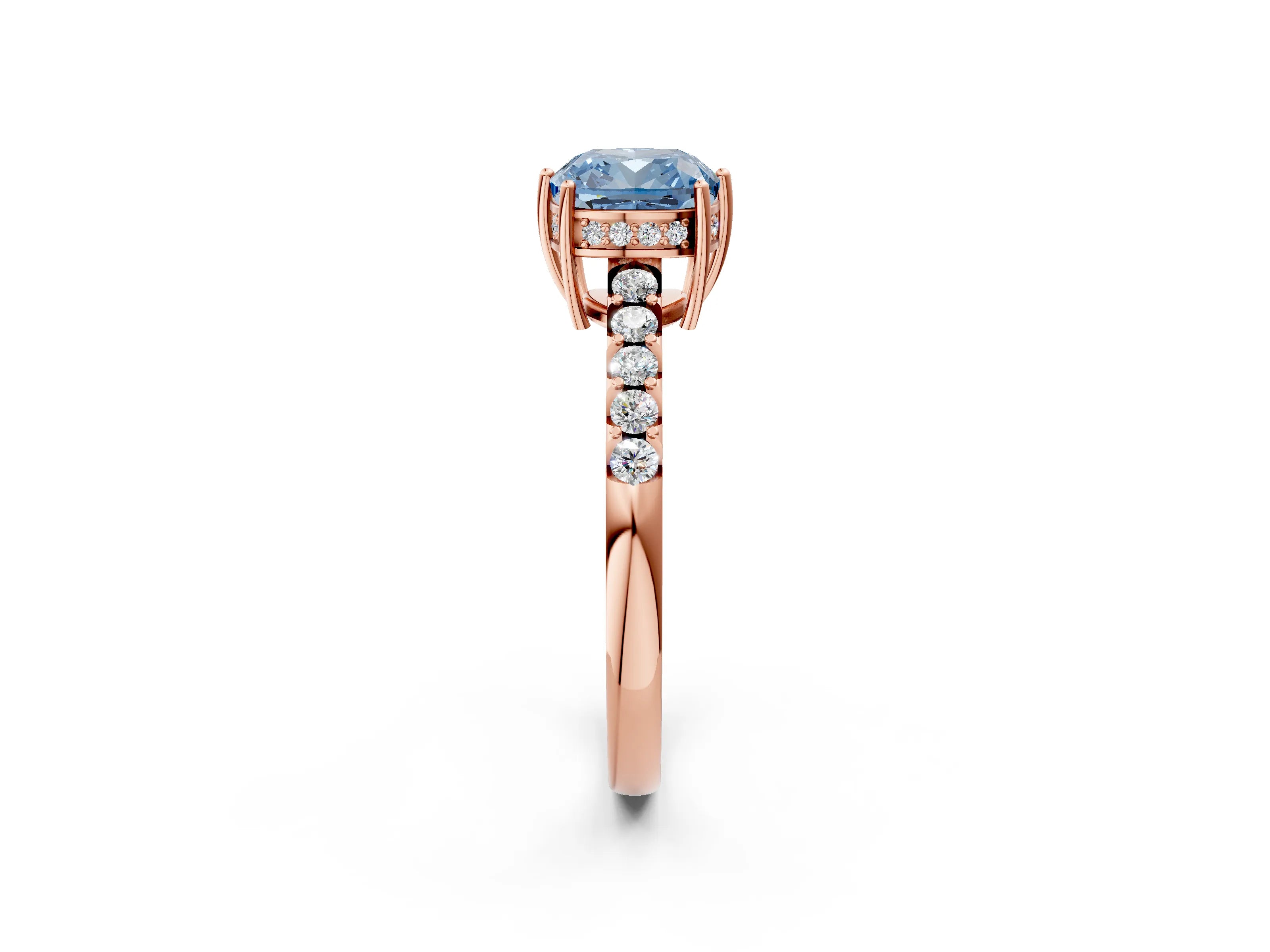 Rose gold Fancy Blue Cushion Cut Solitaire Diamond Engagement Ring with Pavé Band and Six-Prong Setting_14