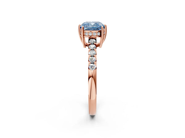Rose gold Fancy Blue Cushion Cut Solitaire Diamond Engagement Ring with Pavé Band and Six-Prong Setting