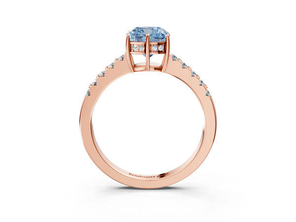 Rose gold Fancy Blue Cushion Cut Solitaire Diamond Engagement Ring with Pavé Band and Six-Prong Setting