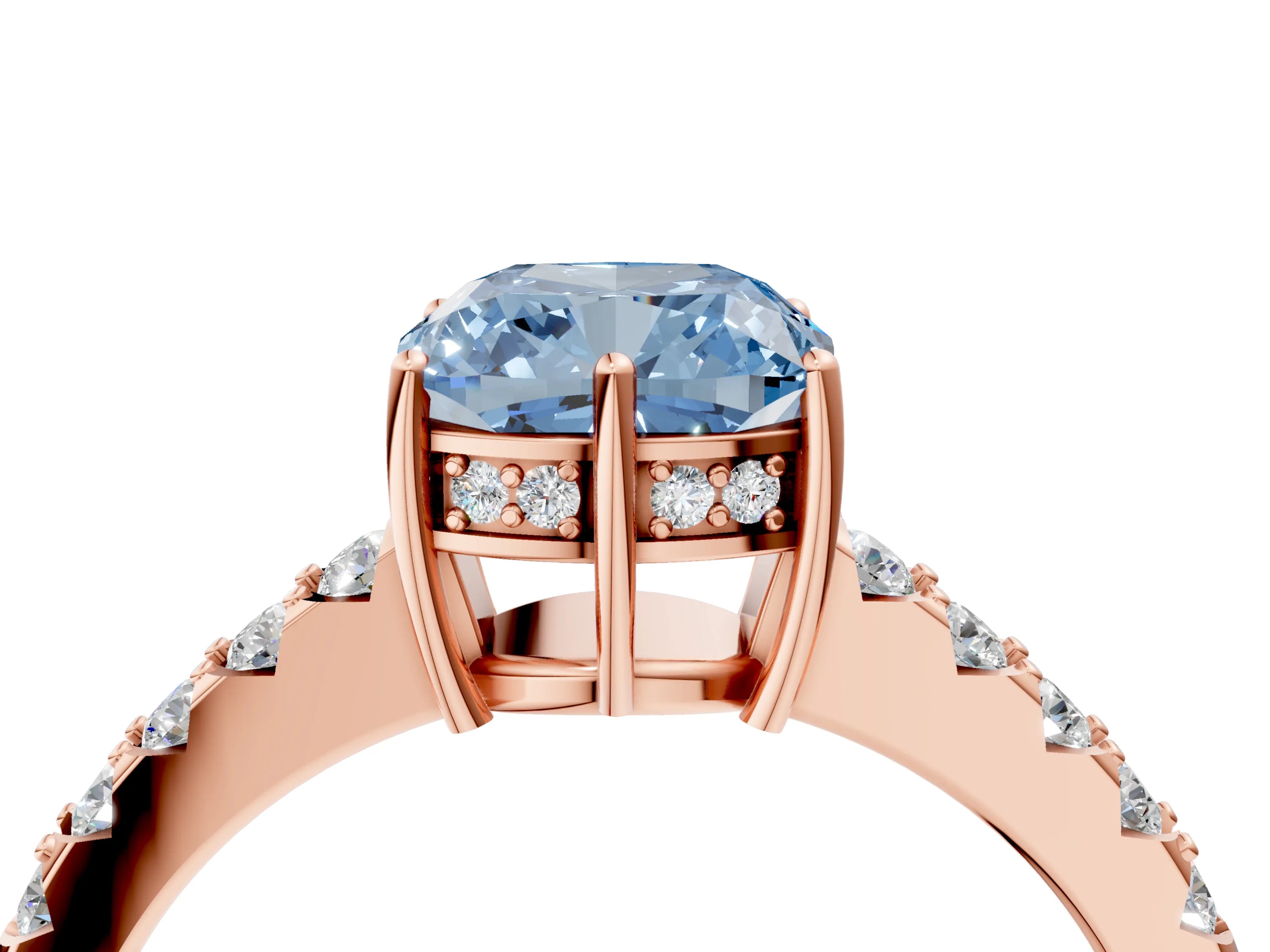 Rose gold Fancy Blue Cushion Cut Solitaire Diamond Engagement Ring with Pavé Band and Six-Prong Setting_16