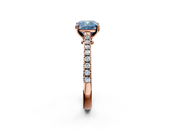 Rose gold Fancy Blue Cushion  Cut Solitaire Diamond Engagement Ring with Pave Band and Four-Prong Setting