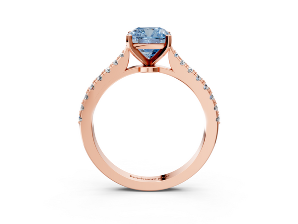 Rose gold Fancy Blue Cushion  Cut Solitaire Diamond Engagement Ring with Pave Band and Four-Prong Setting