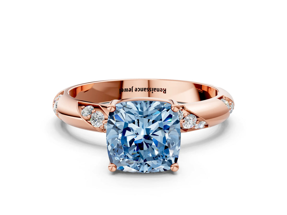 Rose gold Fancy Blue Cushion Cut Solitaire Diamond Engagement Ring with Twisted Pave Band and Four-Prong Setting_3