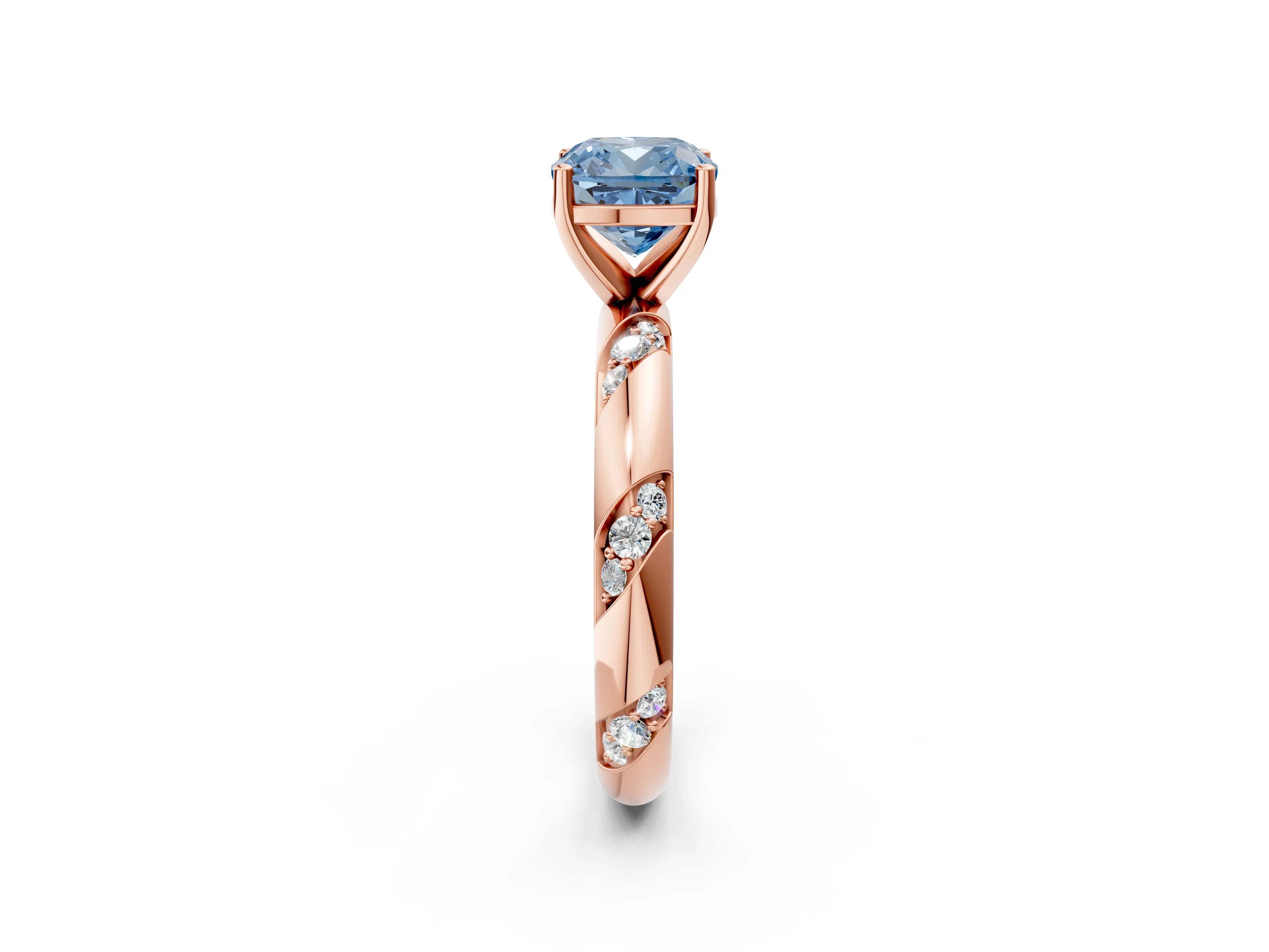 Rose gold Fancy Blue Cushion Cut Solitaire Diamond Engagement Ring with Twisted Pave Band and Four-Prong Setting_5