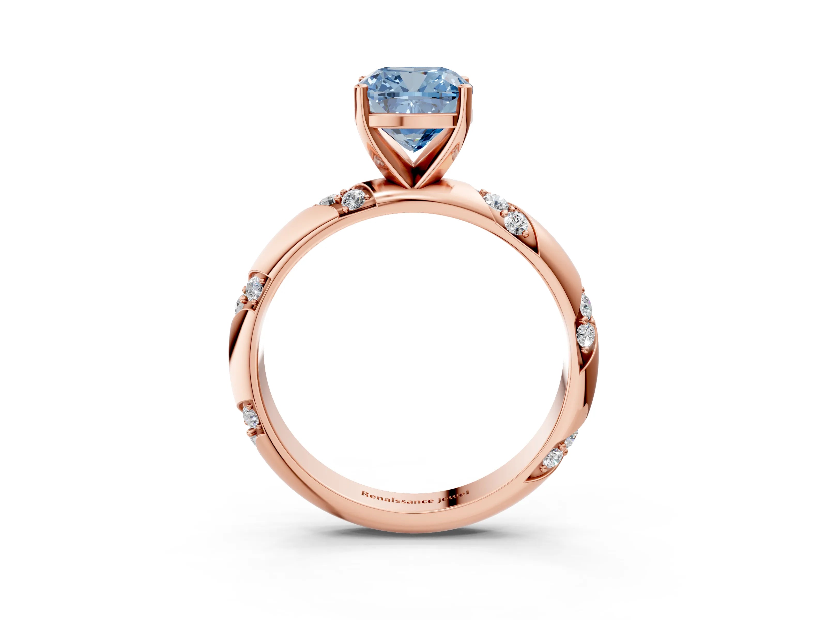Rose gold Fancy Blue Cushion Cut Solitaire Diamond Engagement Ring with Twisted Pave Band and Four-Prong Setting_6