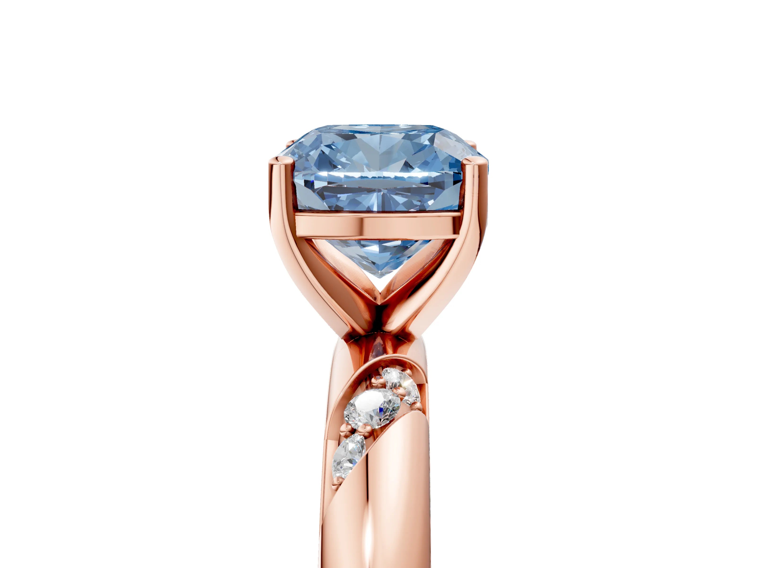 Rose gold Fancy Blue Cushion Cut Solitaire Diamond Engagement Ring with Twisted Pave Band and Four-Prong Setting_8