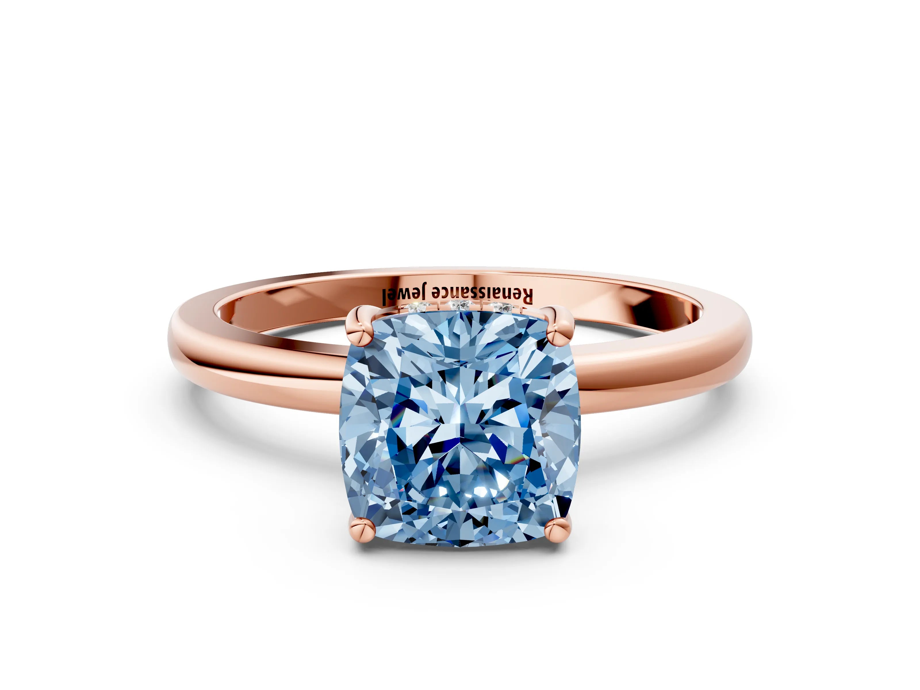 Rose gold Fancy Blue Cushion Cut Solitaire Diamond Ring with Prong Setting and Plain Band