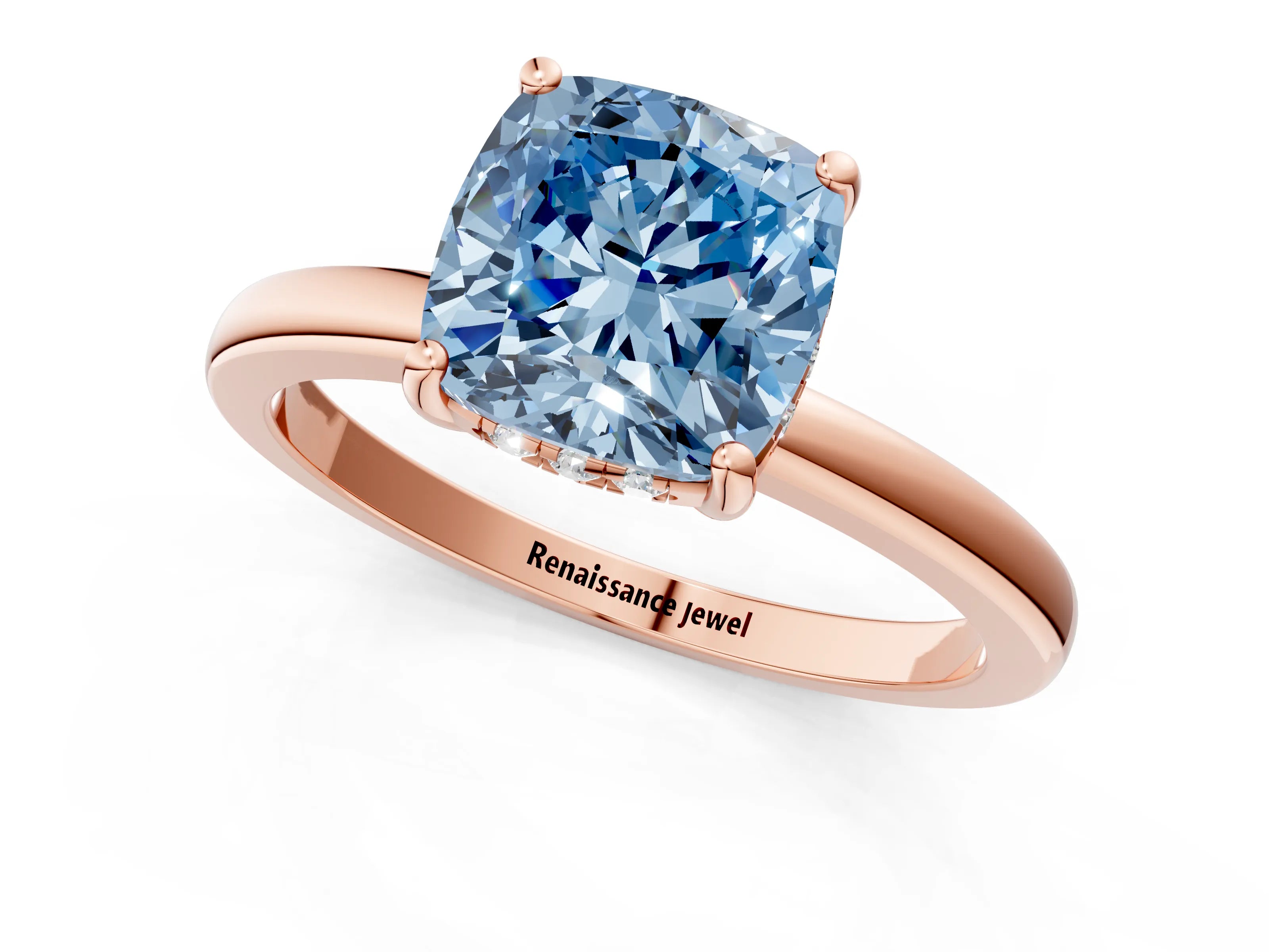Rose gold Fancy Blue Cushion Cut Solitaire Diamond Ring with Prong Setting and Plain Band_1