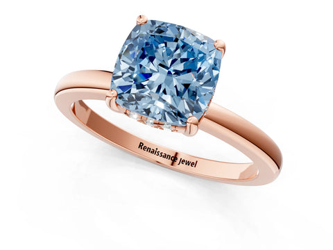 Rose gold Fancy Blue Cushion Cut Solitaire Diamond Ring with Prong Setting and Plain Band_1