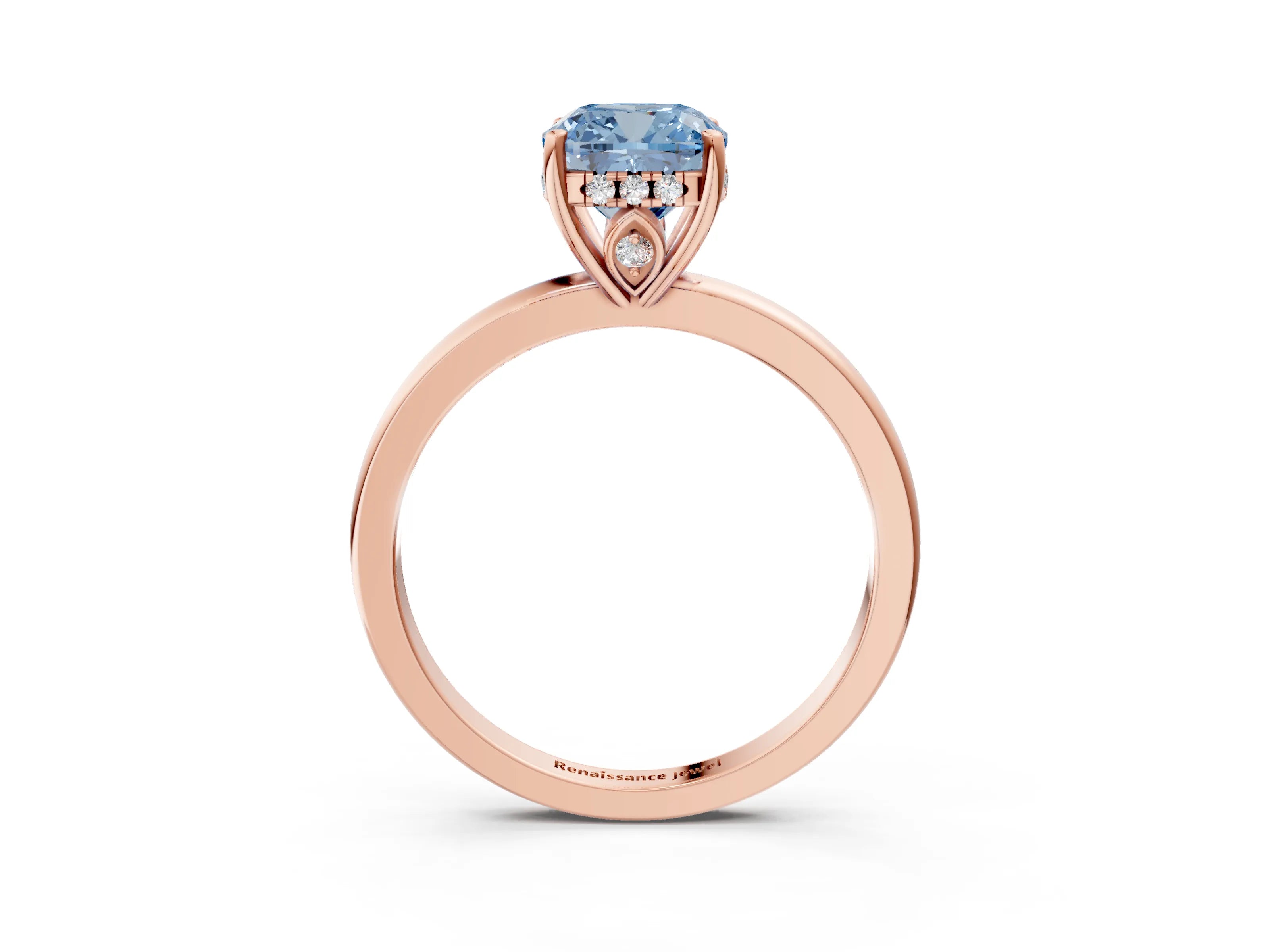 Rose gold Fancy Blue Cushion Cut Solitaire Diamond Ring with Prong Setting and Plain Band_3