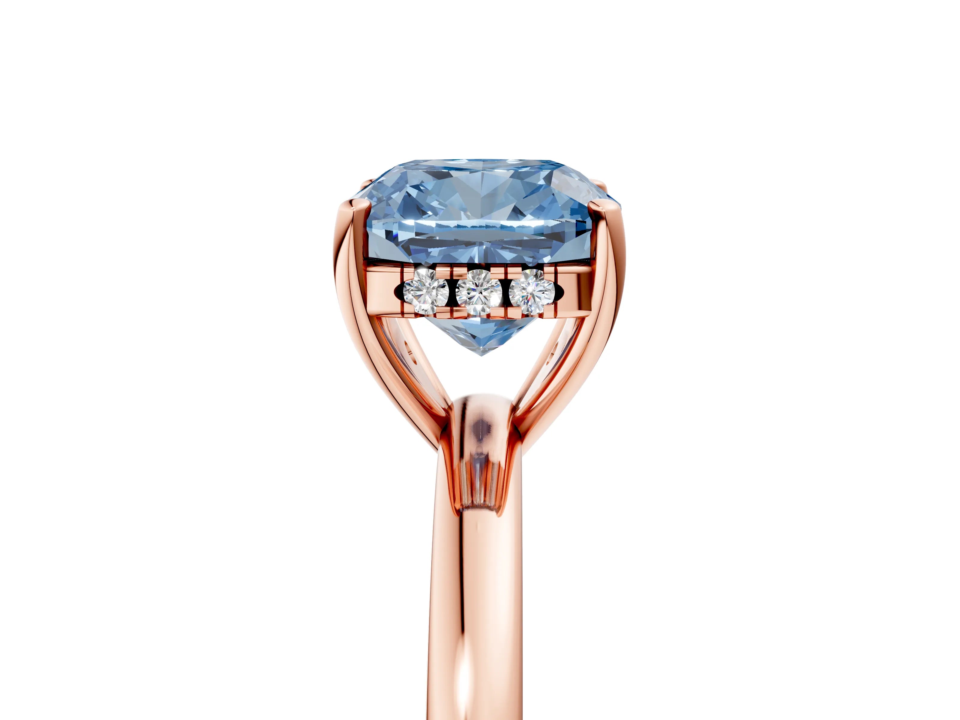 Rose gold Fancy Blue Cushion Cut Solitaire Diamond Ring with Prong Setting and Plain Band_5